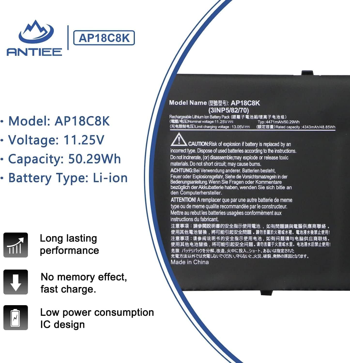 Batteria notebook ANTIEE AP18C8K Acer Swift3 SF314 Aspire5 A515 A715 Spin3 | 11,52V 50,29Wh, compatibile 3INP5/82/70 SF314-42 SF314-57 CB315 A514 A515 A715 TMP215 Spin3 sostitutiva