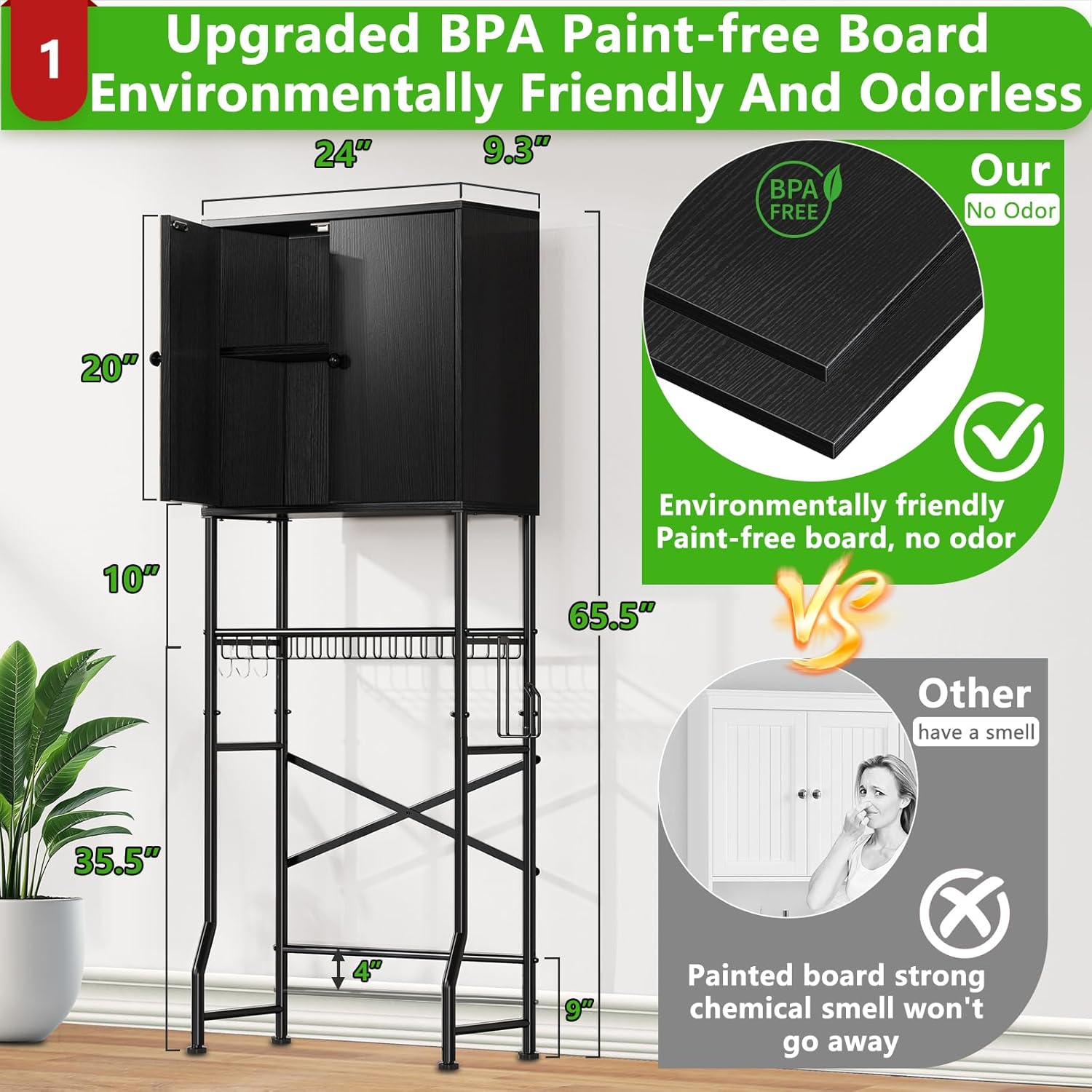 Over The Toilet Storage Cabinet - 2-Door Design Bathroom Organizers Shelf, Freestanding Space-Saver Above Toilet Storage Cabinet with Privacy Protection Rack, Water-Resistant Toilet Shelves (Black) - Image 2