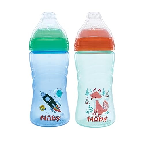 Nuby Paquete de 2 vasos deportivos sin derrames impresos para niños Thirsty con boquilla suave y tapa, 12 onzas, más de 12 meses, paquete de 2,