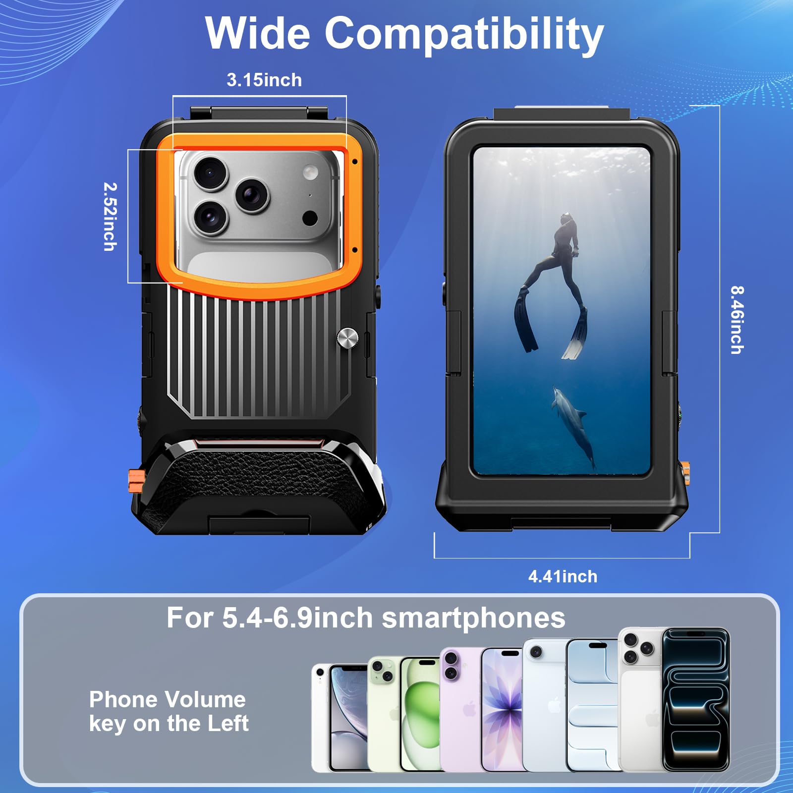 Funda impermeable de buceo para esnórquel, 50 pies bajo el agua, para iPhone 17/16/15/14/13 Pro Max Plus, tamaño de teléfono de 5.4 a 6.9 pulgadas con botones de volumen laterales izquierdos