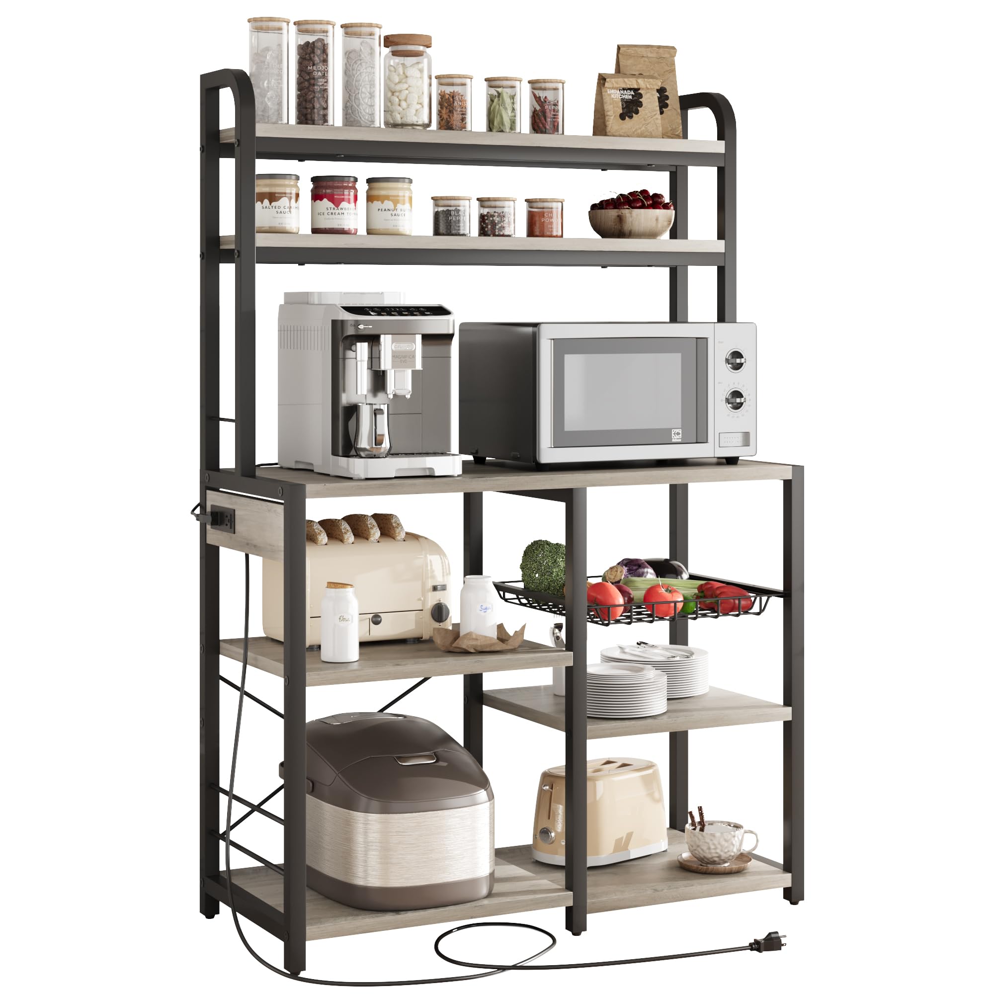 Multipurpose 5-Shelf Kitchen Storage Unit with Integrated UK Plug Sockets, Adjustable Shelves & Ventilated Basket, Microwave Stand Organiser with Shelving for Coffee Station, Pantry, Pots and Spices