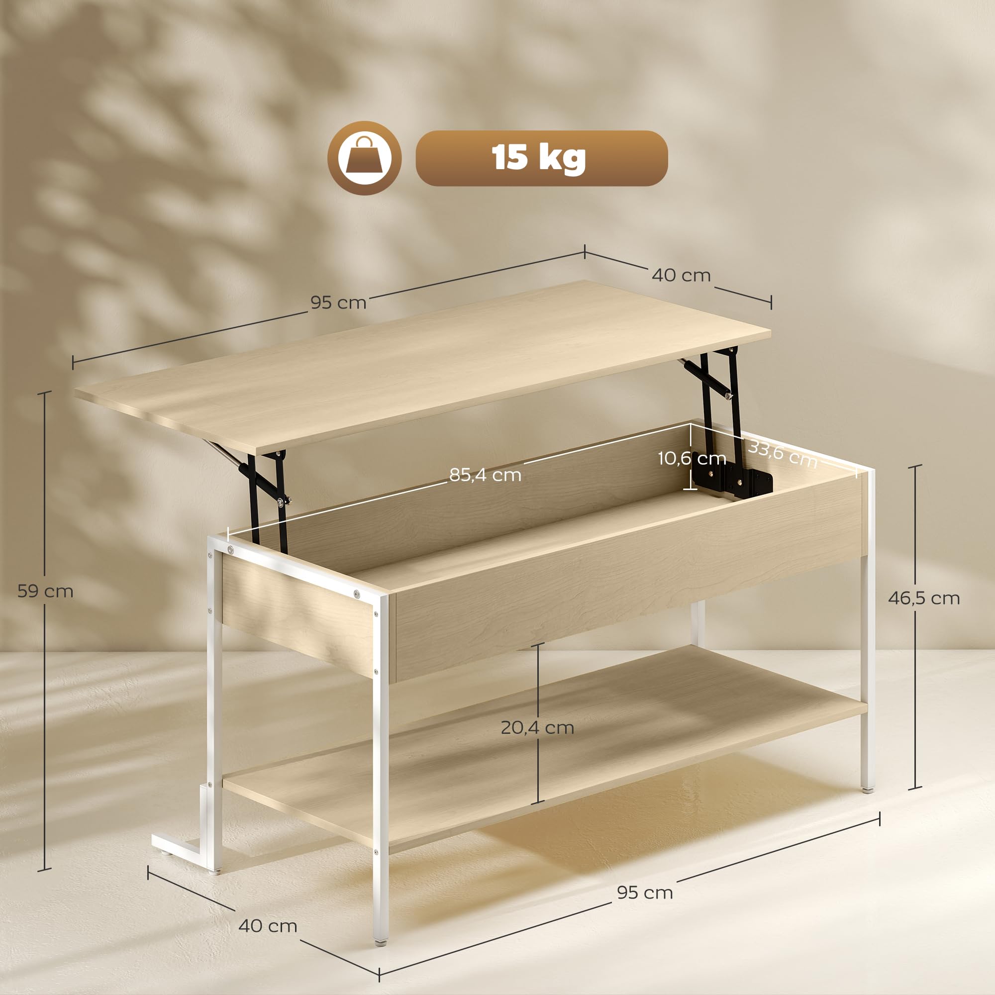 HOMCOM Mesa de Centro Elevable Cierre Suave 95x40x59 cm Natural y Blanco | Mesa de Café, Espacio Oculto de Almacenaje, Estante Abierto
