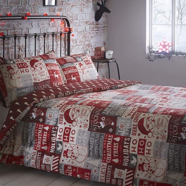 Portfolio Christmas Scrapbook Quilt Duvet Cover and 2 Pillowcases Bedding Bed Set, Red, Double