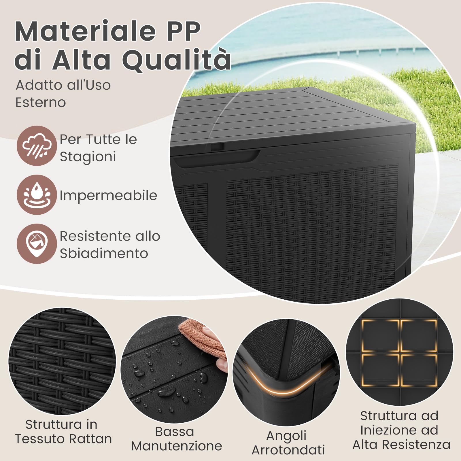 COSTWAY Baule da Esterno 380 L, Cassapanca Contenitore Impermeabile in Effetto Rattan con Coperchio Bloccabile e Ruote, Baule Salvaspazio per Mantenere Cuscini e Attrezzi da Interno e Esterno (Nero)