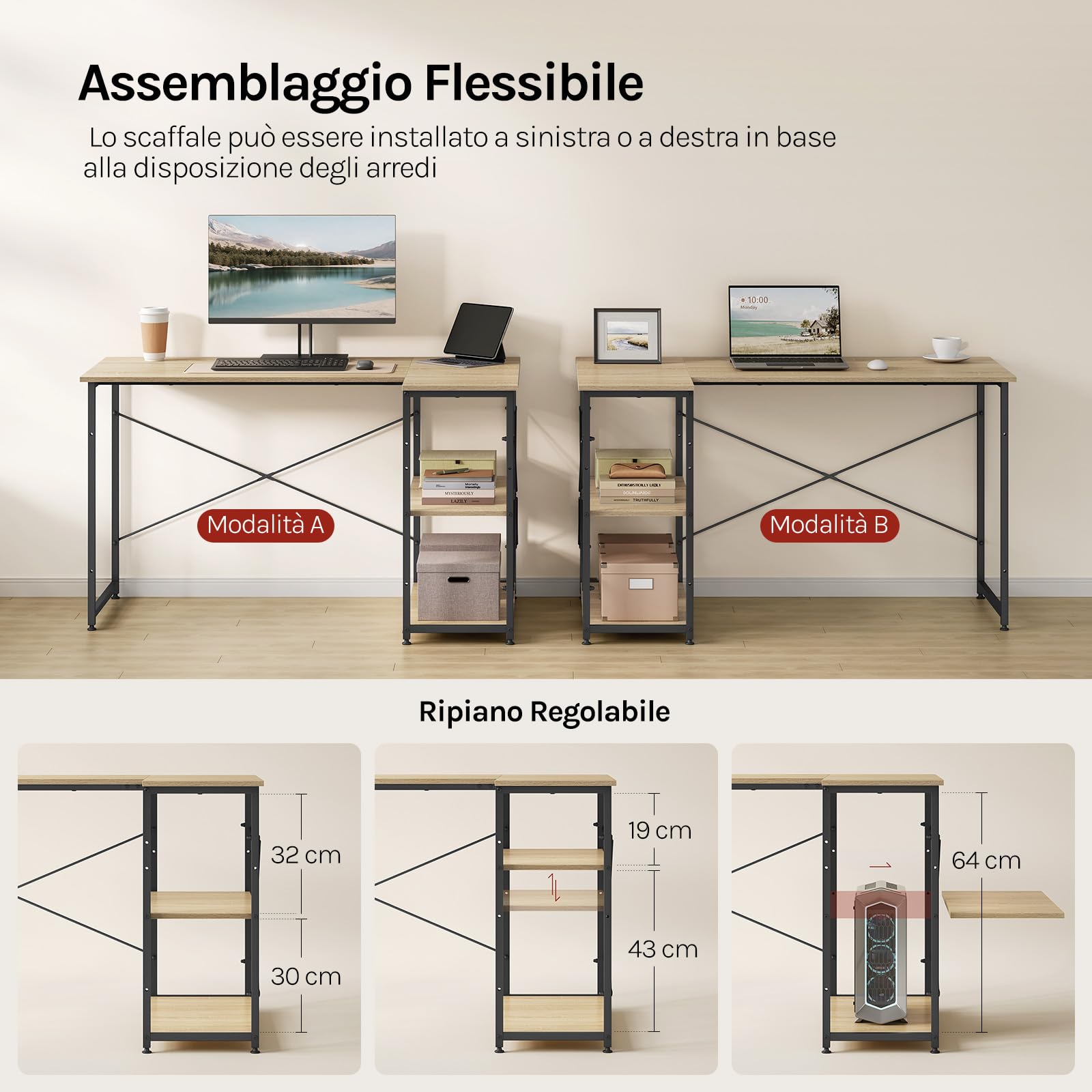 WOLTU Scrivania Ufficio a L Compatta, Rovere | con Libreria Integrata, Design Salvaspazio per Studio/Camera, 120x73x72 cm Naturale e Nero
