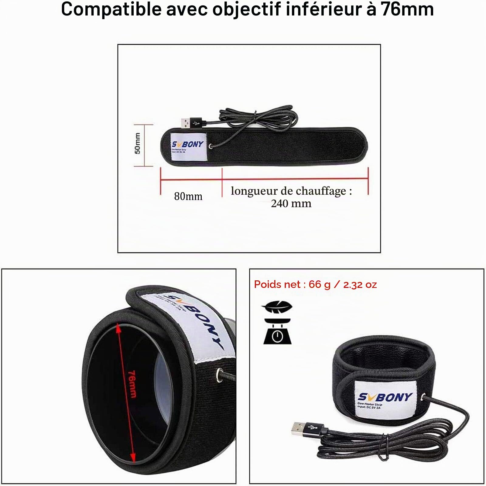 Svbony SV172 Bande Chauffante Anti-Bué, Chauffe Objectif Bande, 240mm Régulateur de Température Anti Gel et Buée pour Appareil Photo Télescopique
