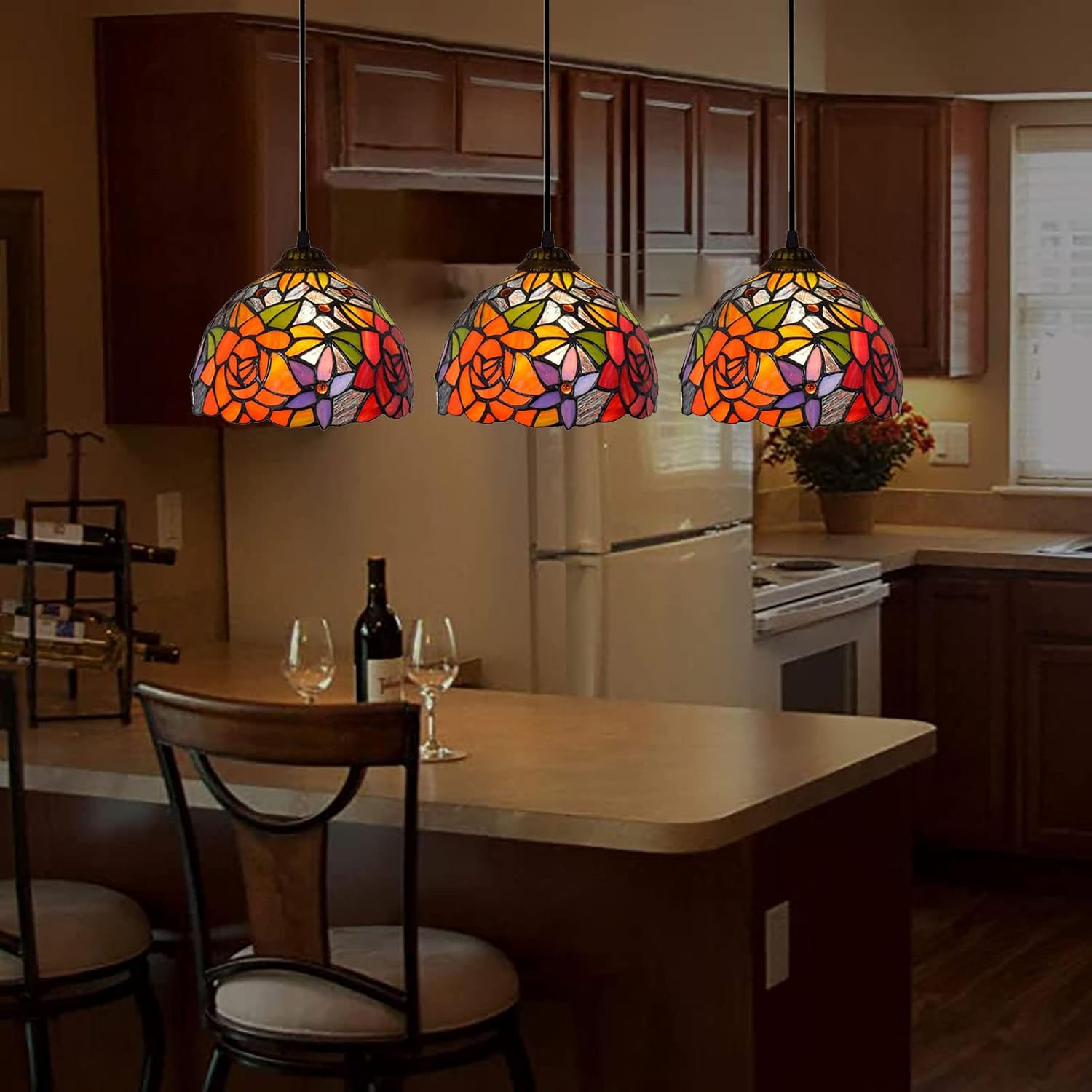 Kitchen Island Tiffany Pendant Light Fixture, 8 Inch Mini Pastoral Red Yellow Orange Blue Rose Stained Glass Hanging Lamp for Bar Hallway Dining Room Bedroom Living Room