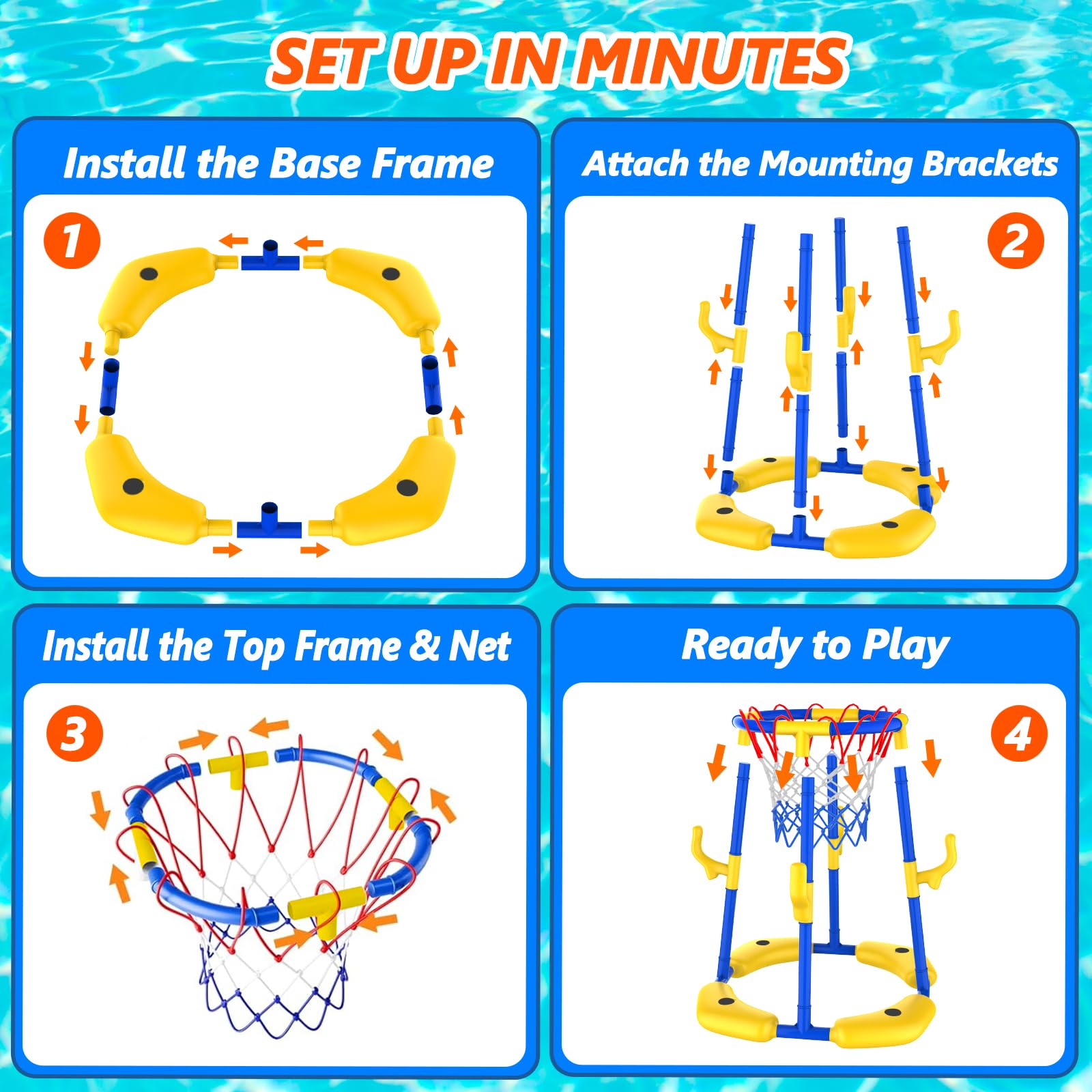 Set di canestro da basket per piscina Doviden _ Canestro da basket galleggiante per piscina con 4 palline da acqua, pompa e anelli, giocattolo da piscina 2-in-1 per adulti per adolescenti/bambini per