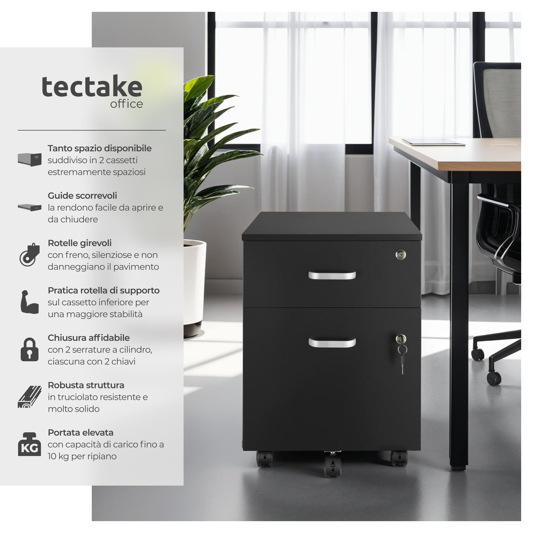 tectake® Cassettiera su Ruote, 2 Cassetti con Serratura per Documenti DIN-A4, Guide Telescopiche Scorrevoli, 5 Ruote Doppie Girevoli e Bloccabili, Maniglie in Metallo, Ufficio Accessori - Nero