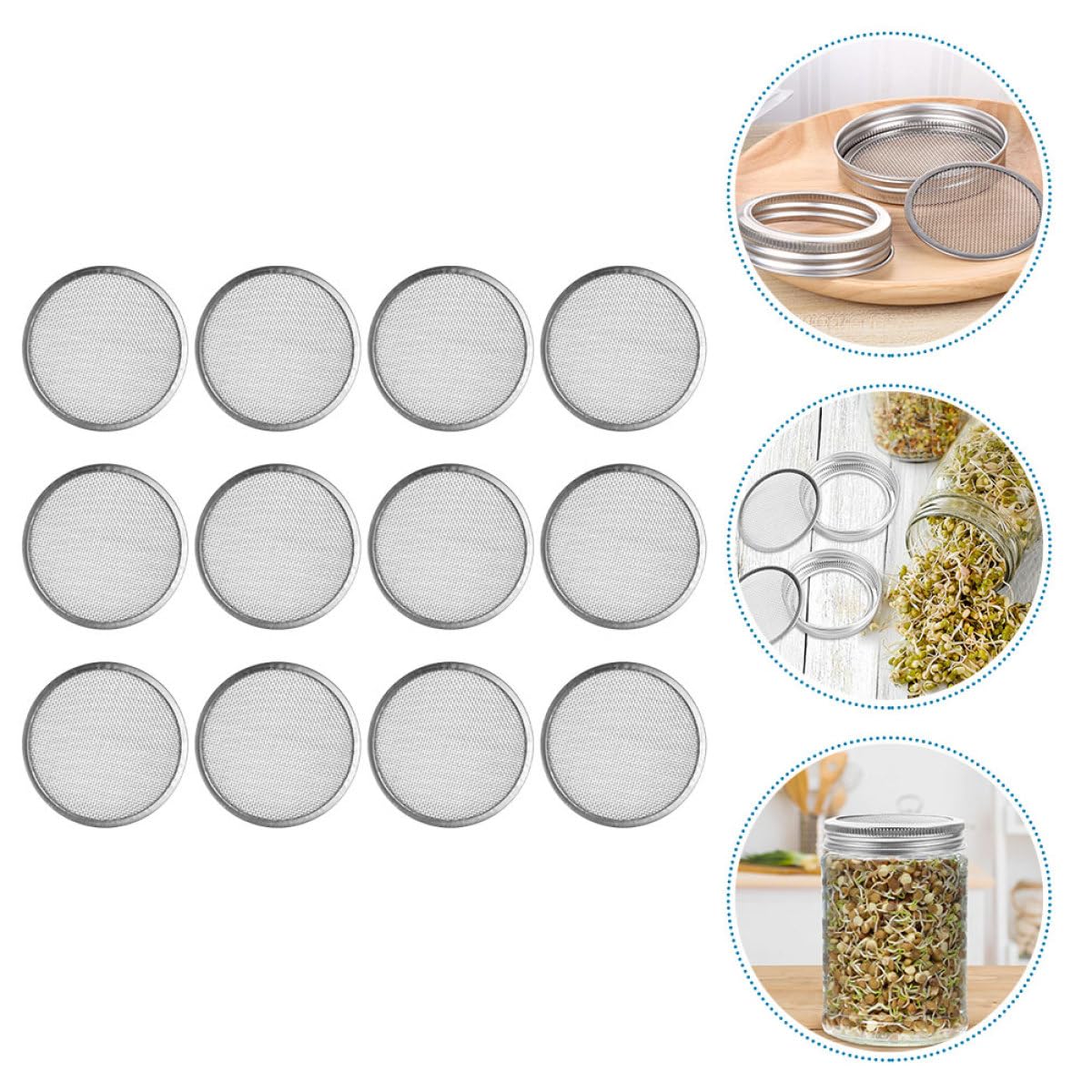Tapas de Malla para Frascos de Germinación 6 Piezas, Acero Inoxidable 304, Filtro Colador para Brotes, Compatible Frascos de Boca Ancha, Tapa Duradera para Cocina y Hogar