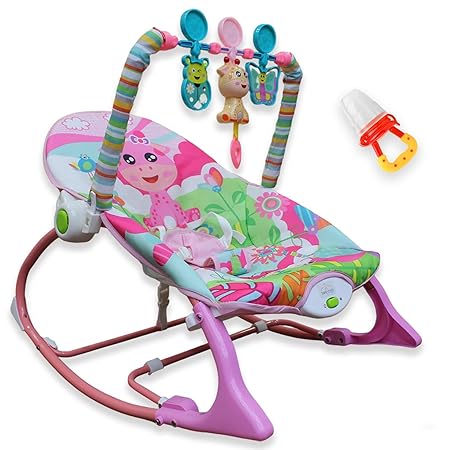 Safe-O-Kid SweetSwing Baby Rocker Cum Bouncer with 1 Year Warranty, Multi-Position Reclining, with Music, Vibrations, Safety Harness and Toy Bar- Pink