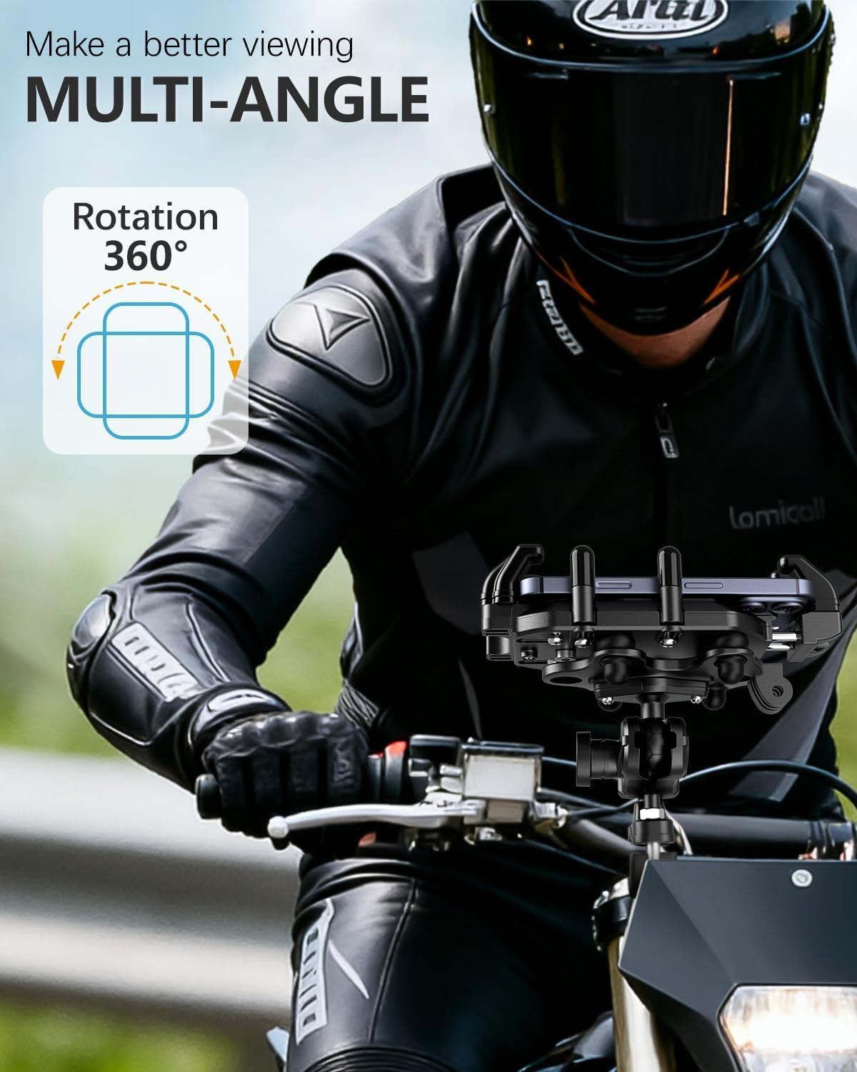 Motorcycle Phone Mount, Anti-Vibration Bike Phone Holder with 360°Rotation, One-Hand Quick Release Cell Phone Mount for iPhone 16/15 Pro Max, 5.4-7.2" (CAZ708A)