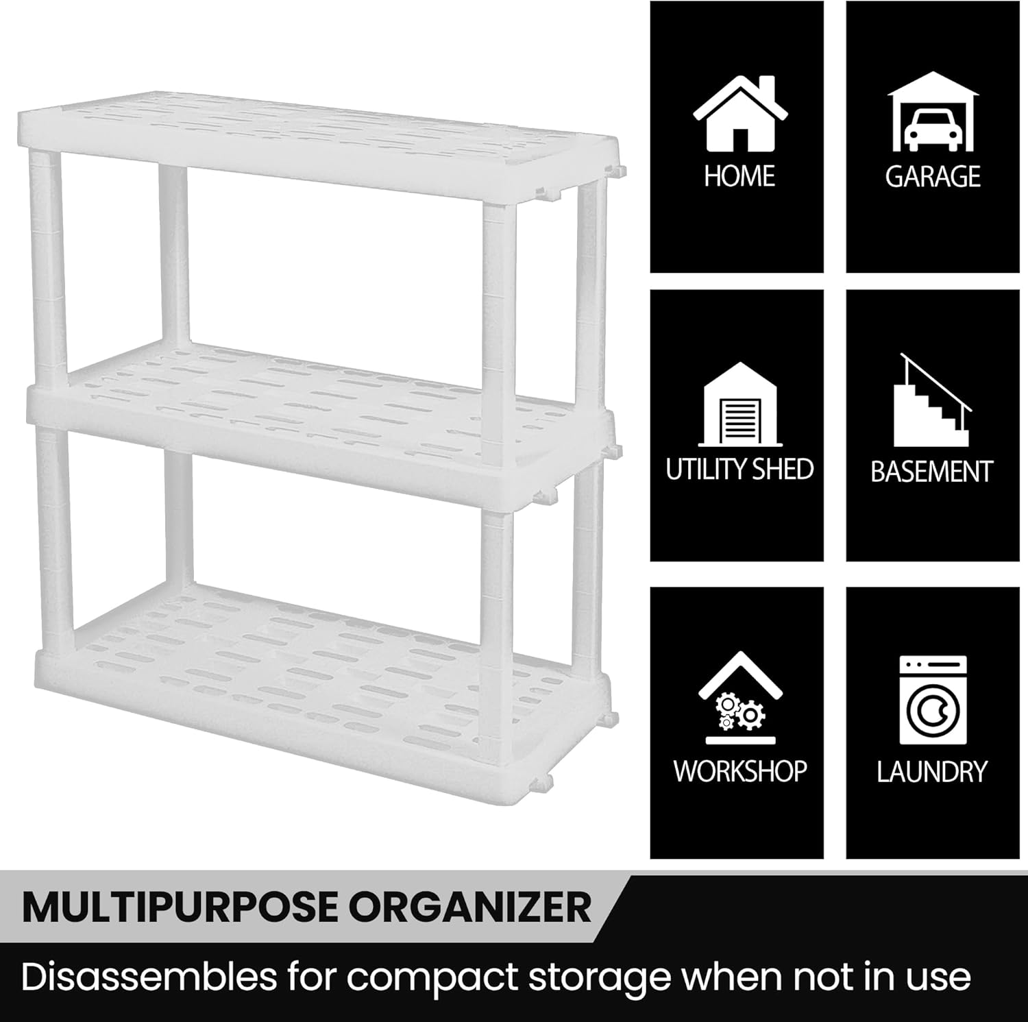 Oskar Heavy Duty Plastic Storage Shelves- for Garage, Kitchen, Bathroom Basement Kids Room, Stackable 3-Tier White, Organizer Rack for Books Shoes, Toys, Pantry, Cleaning and Closet Organization