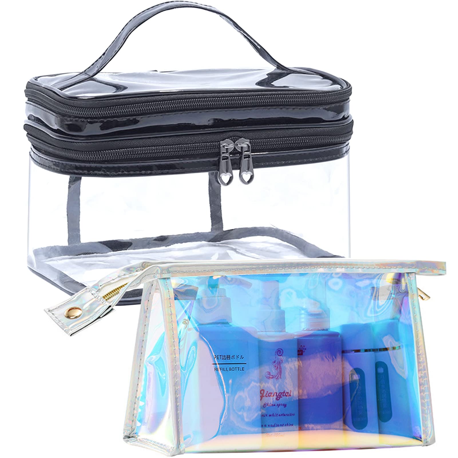 weallbuy PVC Clear Cosmetic Bag Set, Large + Small Transparent Makeup Bag, Travel Toiletries and Cosmetic Organizer, Waterproof and Portable, black, Cosmetic Bag