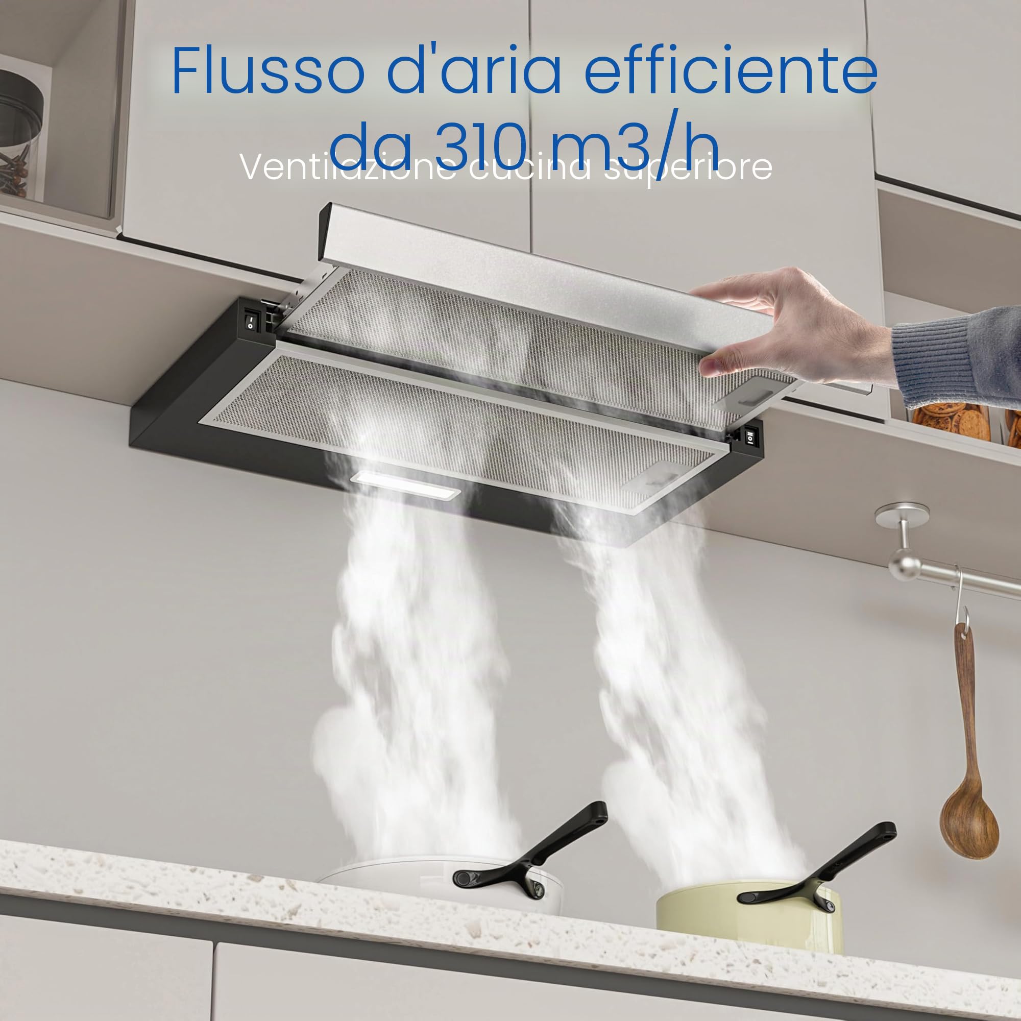 FIREGAS Cappa Aspirante Telescopica 60 cm, 400 m³/h, 2 Velocità, Classe Energetica A++, con motore senza spazzole, silenziosa, cappa da cucina con filtri a carbone attivo, nero
