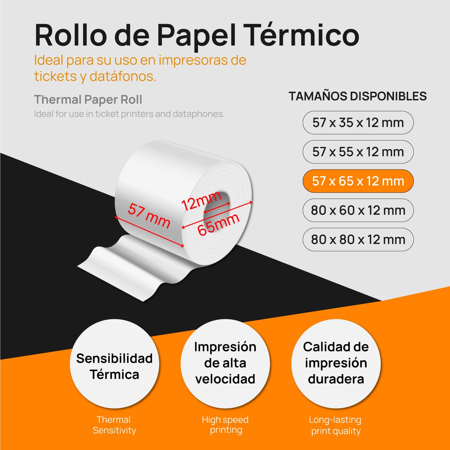 Rolka termiczna, rolki papieru termicznego, papier termiczny do hostelerii tpv, kasa fiskalna, drukarka biletów, biała rolka papieru do drukarki i drukarki, rozmiar 57x65x12 - SIDI (80 sztuk)