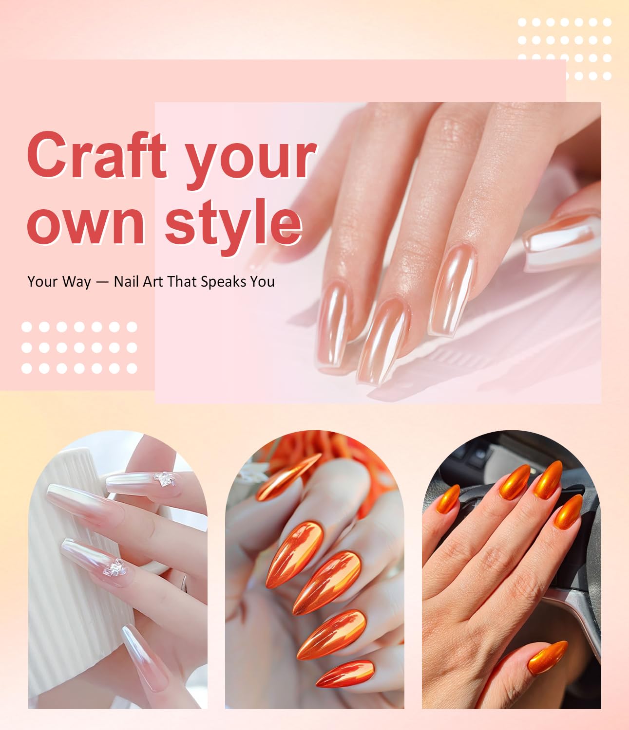 BISHENGYF Chrome Nail Powder - Magic Mirror Orange & White Pearl Chrome Nail Powder - Metallic, Shimmery Finish - Nail Art Decoration - Image 2