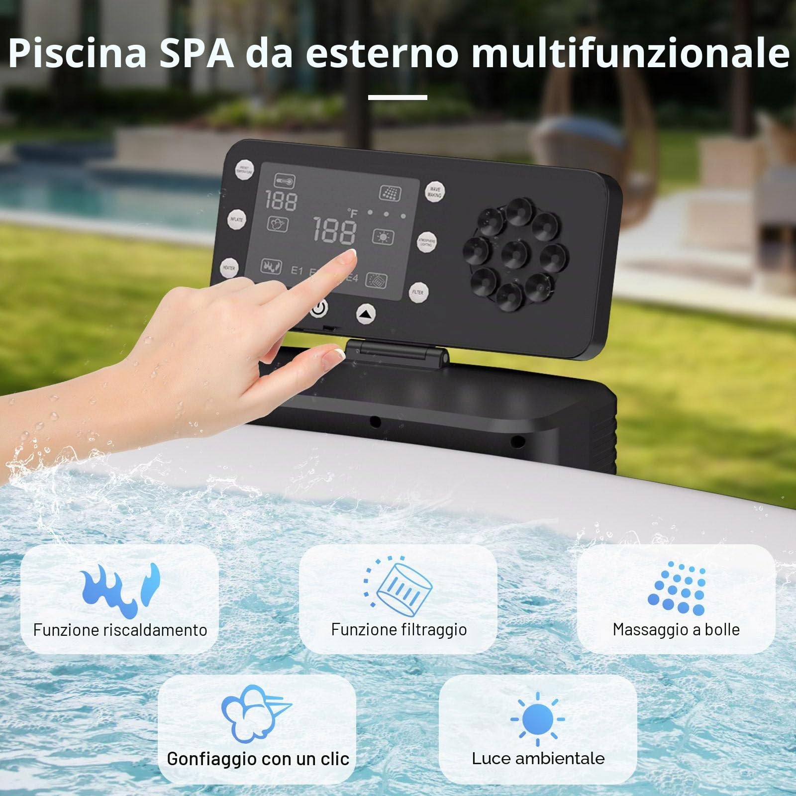 Grande Vasca Idromassaggio Rotonda Portatile per 4-6 Persone, Spa da Esterno con 150 Getti d'Aria, Pompa di Riscaldamento E Copertura Isolante, 81" X 28", per Patio, Giardino E Spazi Aperti