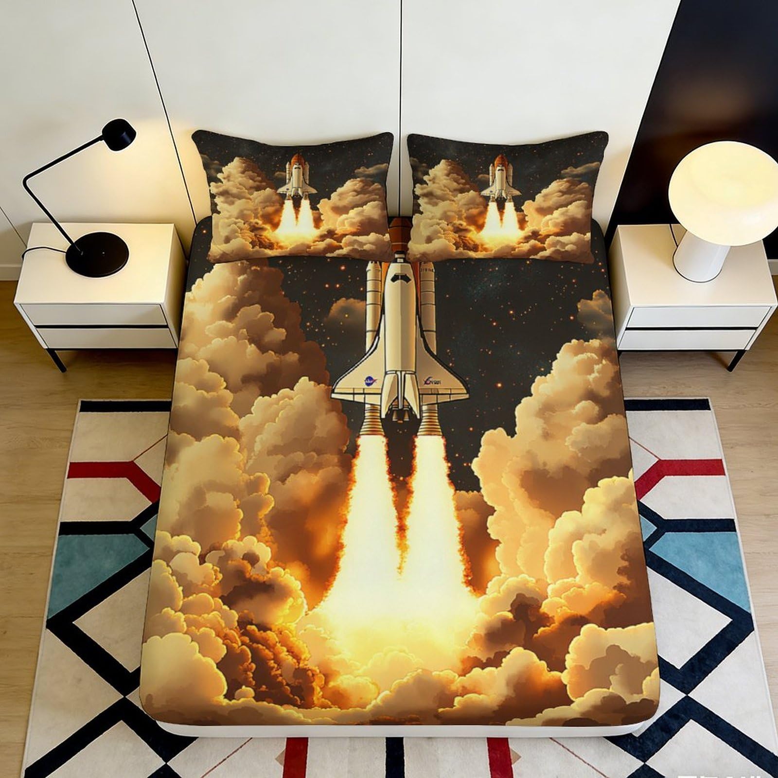 3D Printed Space Shuttle Rocket Fitted Sheet Microfiber Soft Breathable Rocket Launch Bed Cover for Bedroom Dormitory Guest Room Mattress Protection Decor 160x200x25cm