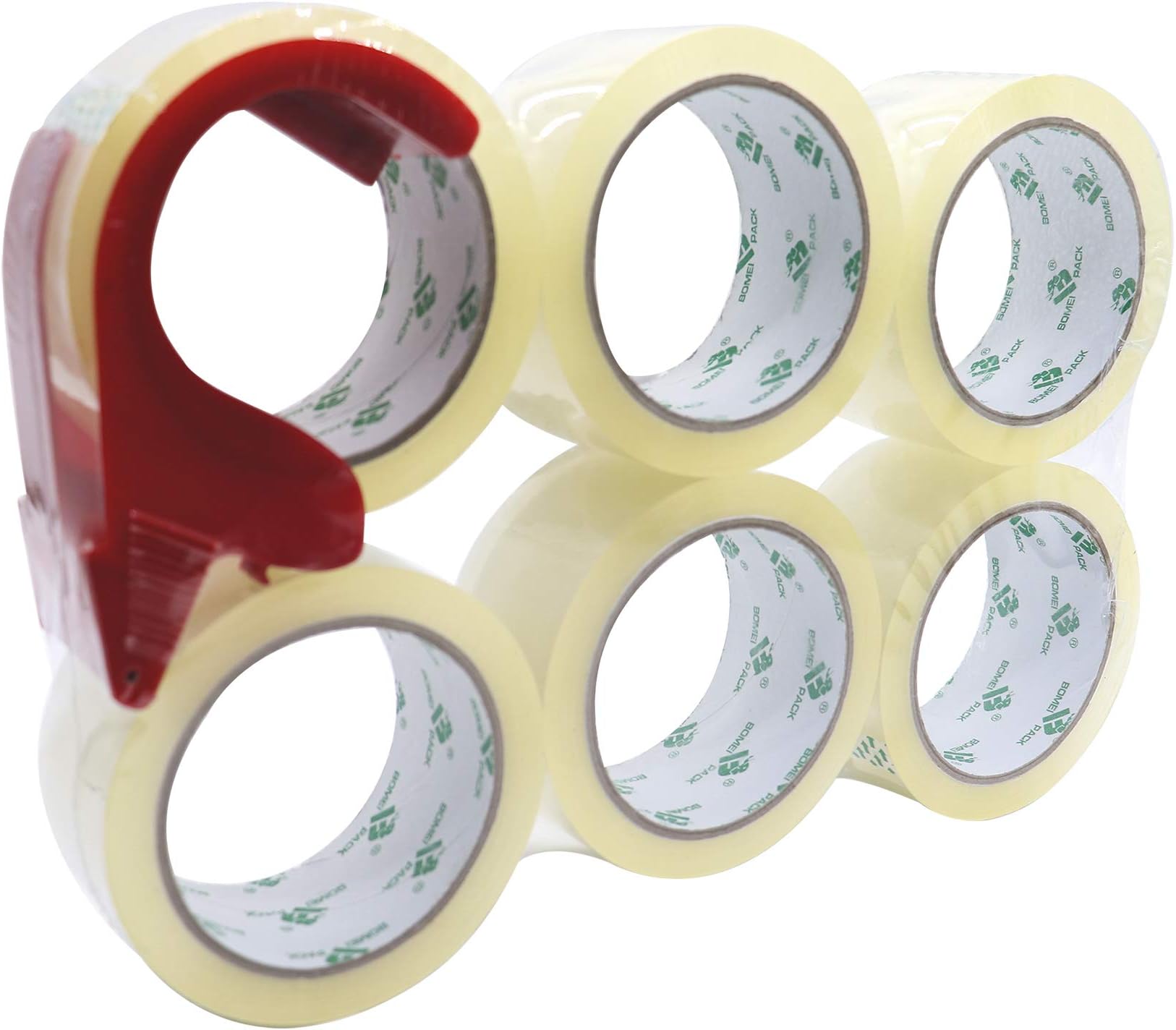BOMEI PACK 6 Rolls with 1 Dispenser No Bubble Clear Secure and Sticky Packing Tape,Heavy Duty Packaging Tape for Moving, Parcels Sealing, Shipping,45mic x 48mm x 66m