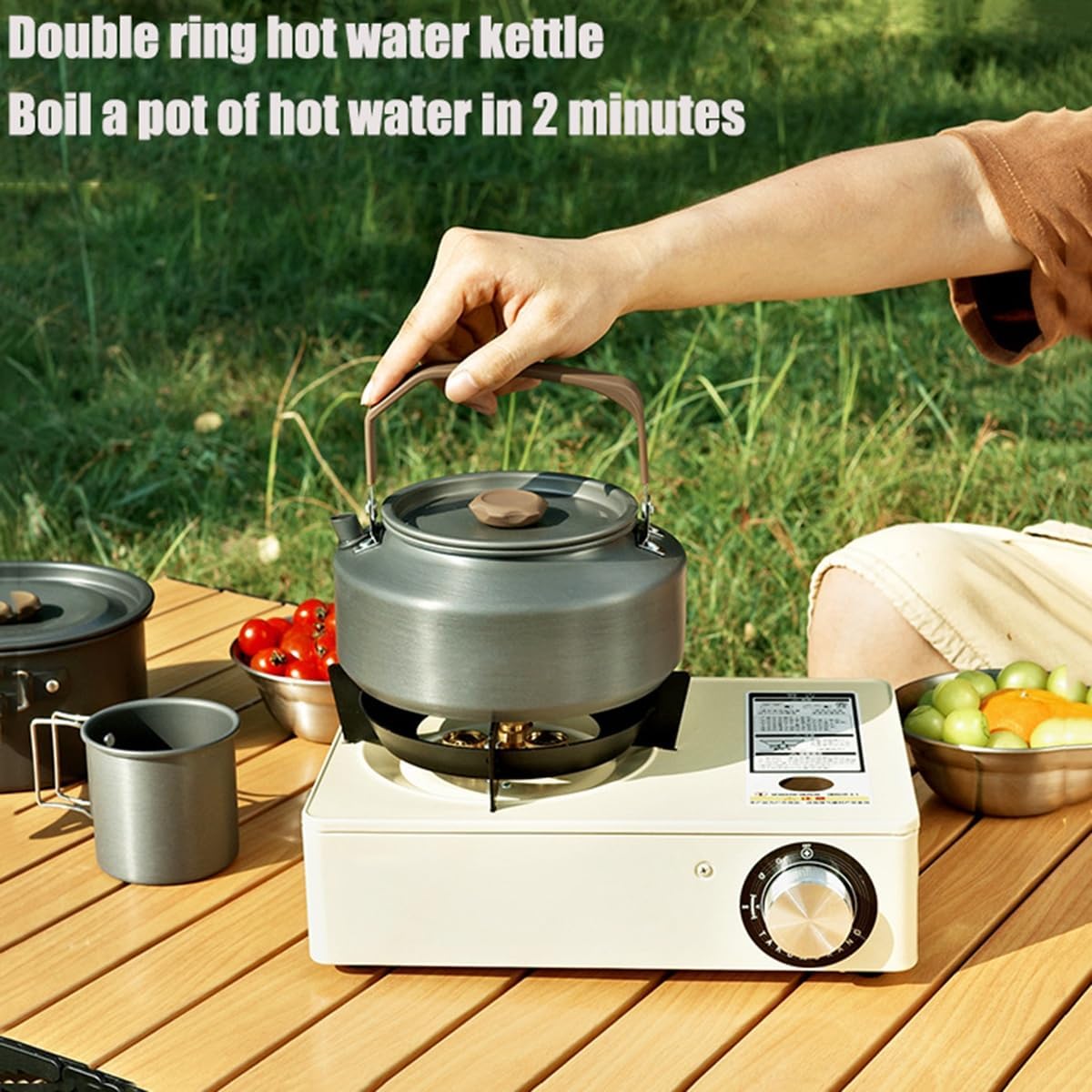 Portable Outdoor cooking equipment - 2-3 person camping pot set with folding pot and kettle Perfect for Outdoor Camping