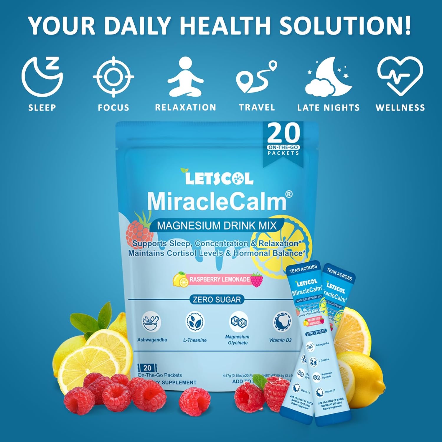 MiracleCalm Drink Mix Powder, Calm Magnesium Calcium Supplement, Cortisol Drink Powdered for Sleep, Relaxed & Focus with Easily Absorbed L-Theanine, Vitamin D3, Ashwagandha, Sugar Free - Image 6