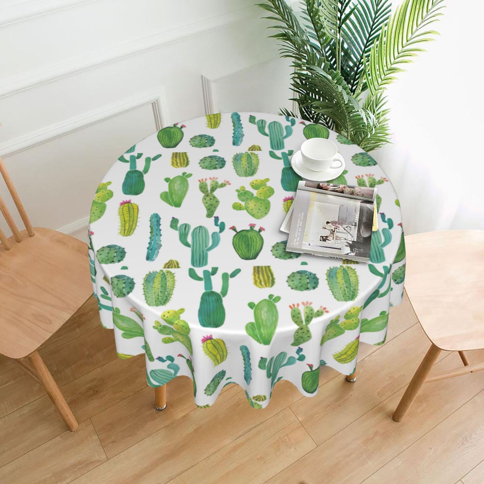 VCzsdff Cactus Print Stain Resistant Round Tablecloth 60in Family Friendly Polyester Cloth for Kids Meals