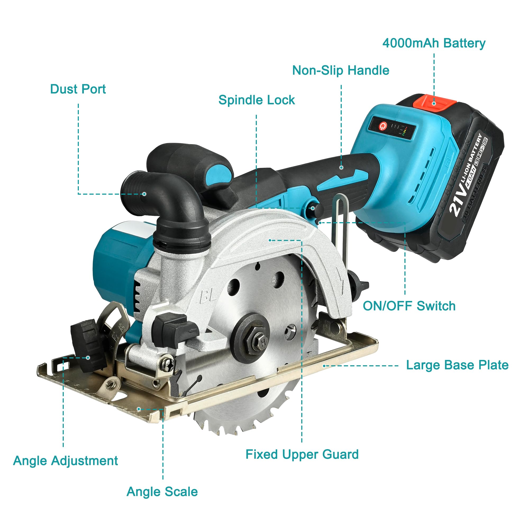 Sega Circolare a Batteria Brushless, Mini Sega Circolare Senza Fili con 2 Batterie da 4000mAh, Incluse 3 Lame (125mm/140mm/150mm), Profondità di Taglio 48mm, Ideale per Legno e Fai-da-te