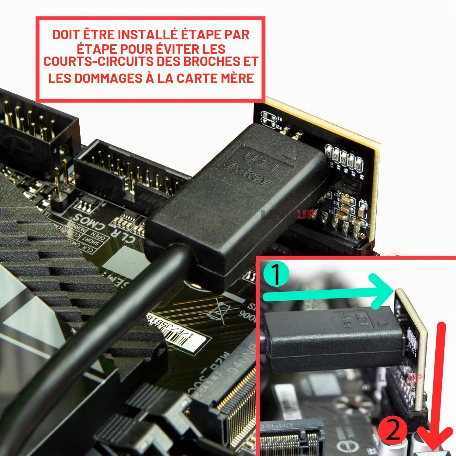 LINKUP - Extension D'en-Tête de Carte Mère Interne USB3.2 Gen2 2x2 20Gbps USB-C┃20-Broches A-Key Mâle avec Couvercle vers Connecteur USB-C Femelle avec Support PCI - 60cm