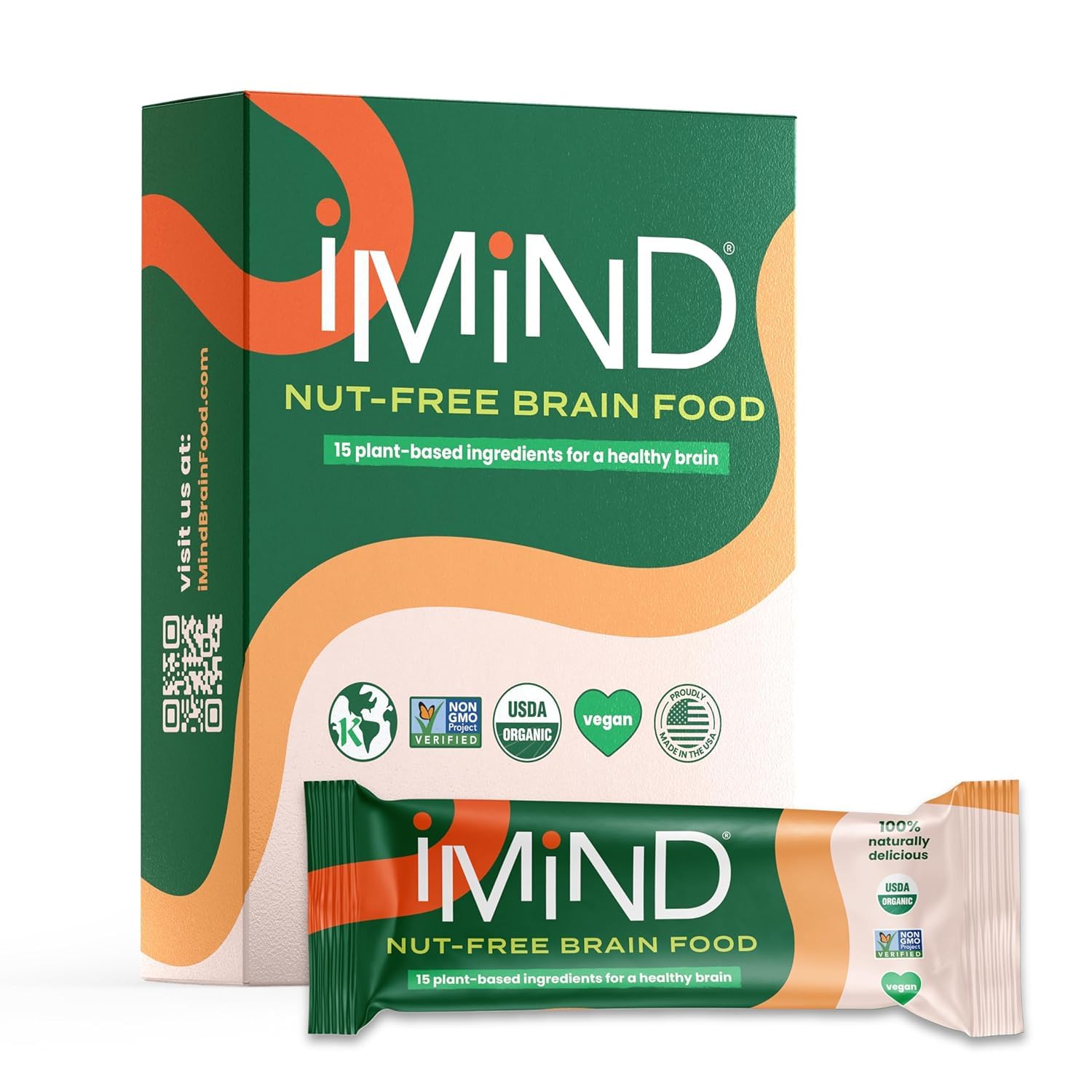 iMind Brain Food Snack Bar – Original Nut Free Bar – Non-GMO, Plant Based Healthy Snacks with Organic Ingredients – Vegan, Dairy-Free Superfood Total Brain Health for Adults & Kids 12 Pack
