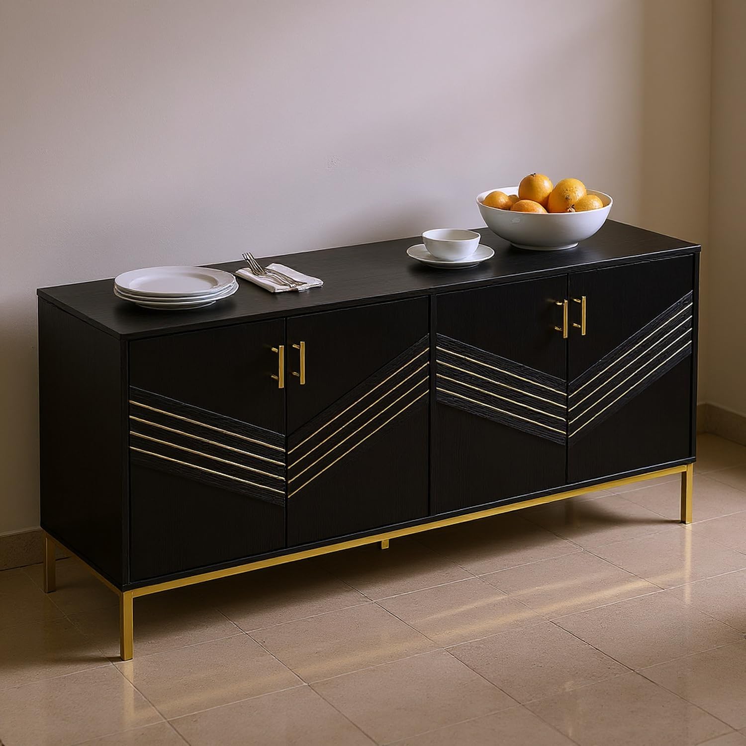 HOMYLIN Armadietto da buffet con multi-ante e gambe dorate, armadietto multiuso per caffetteria o cucina, nero