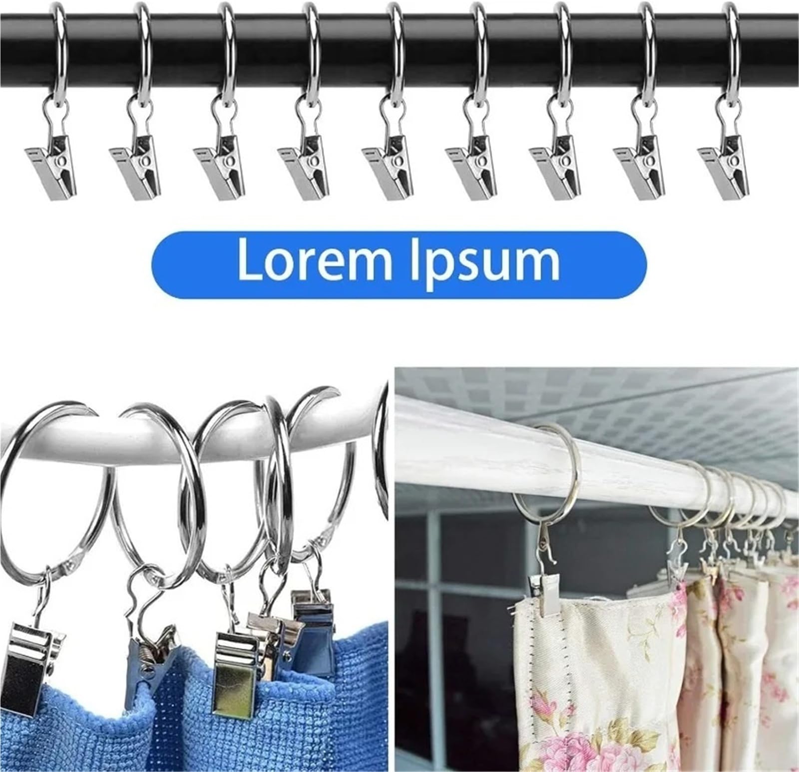 Duschvorhangringe Vorhangringe Clips Dusche Metall Fotos hängen Klemme Stange Clip Kleiderbügel Badezimmer Haken(Black-32mm,50pcs)