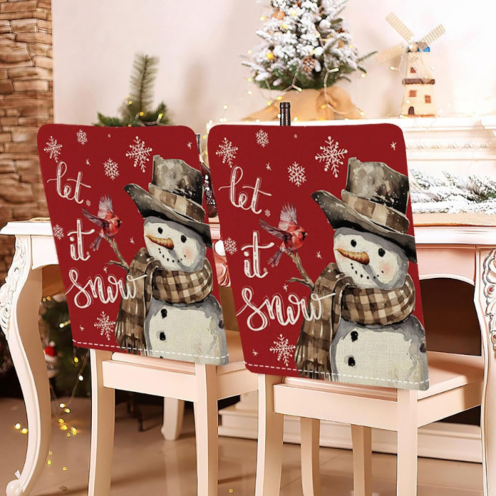 Morbuy Coprisedie Natale, Coprisedia Copri Sedia da Cucina Rimovibili Copri Sedia Cotone e Lino, Decorazioni Casa Pranzo Natale Feste, Natale Decorazione (10 Pezzi,Pupazzo di Neve)