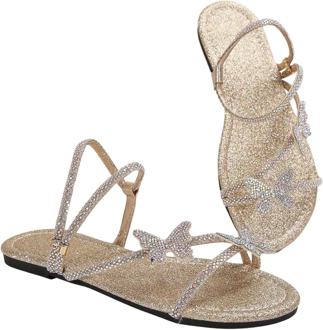 Floerns Women's Elegant Rhinestone Butterfly Transparent Elastic Strap Summer Flat Sandals
