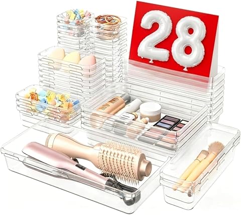 A-LuGei【Kristallklar 28er Schubladen Organizer,【Upgrade auf 5 Größen】 Schminktisch Organizer Schublade Make Up Organiser Bad Drawer Ordnungsboxen für Schminktisch, Büro, Badezimmer,Küchen