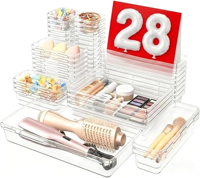 A-LuGei【Kristallklar 28er Schubladen Organizer,【Upgrade auf 5 Größen】 Schminktisch Organizer Schublade Make Up Organiser Bad Drawer Ordnungsboxen für Schminktisch, Büro, Badezimmer,Küchen