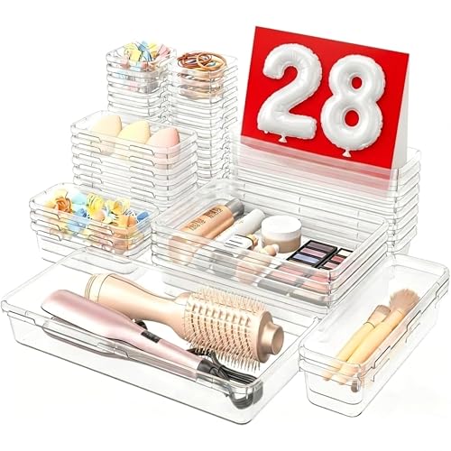 A-LuGei 【Military Grade】 Drawer Organizer for Vanity Bathroom Makeup Desk | 【𝐌𝐚𝐤𝐞𝐮𝐩】【𝐊𝐢𝐭𝐜𝐡𝐞𝐧】 Drawer Organizer, Vanity Organizer, Drawer Bathroom Organizer Bin 【Holds 177 Items】 (Clear)