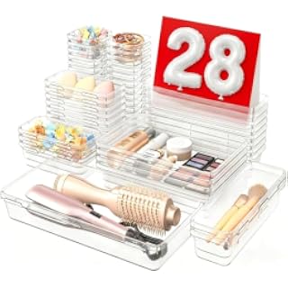 A-LuGei - Organizador de calidad militar, organizador de maquillaje, almacenamiento para baño, organizador de cajones de escritorio, tocador de baño, con capacidad para 177 productos, 5 tamaños | 【𝐌akeup】【Ba𝘁𝗵𝗿𝗼𝗼𝗺】 Drawer Organizer, Vanity Organizer, Desk Drawer Organizer Bin 【Holds 177 Items】 (Clear)