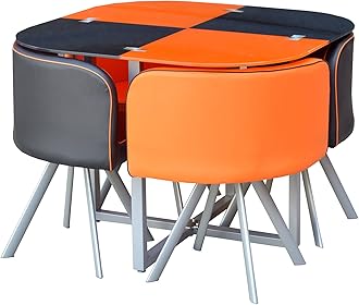 KOSY KOALA GLASS DINING TABLE AND 4 FAUX LEATHER CHAIRS,SPACE SAVER, BLACK AND WHITE (BLACK/ORANGE)