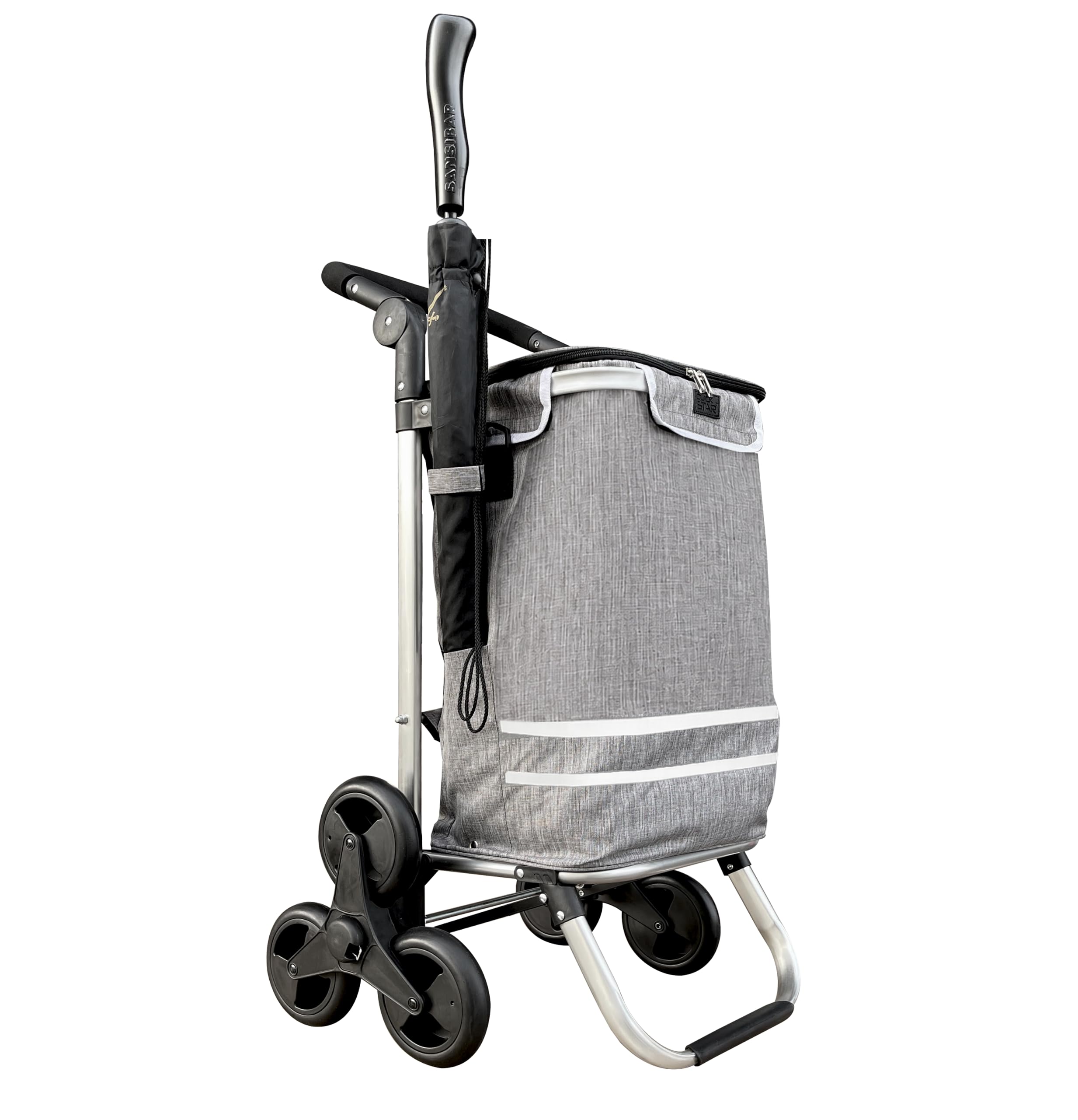 Składany aluminiowy wózek na zakupy 57 l (48 l + 9 l komora chłodząca), szary, nośność 50 kg, 35 x 45 x 98 cm, koła schodowe EVA Ø 32 cm, składany, może służyć jako wózek transportowy i torba na ramię