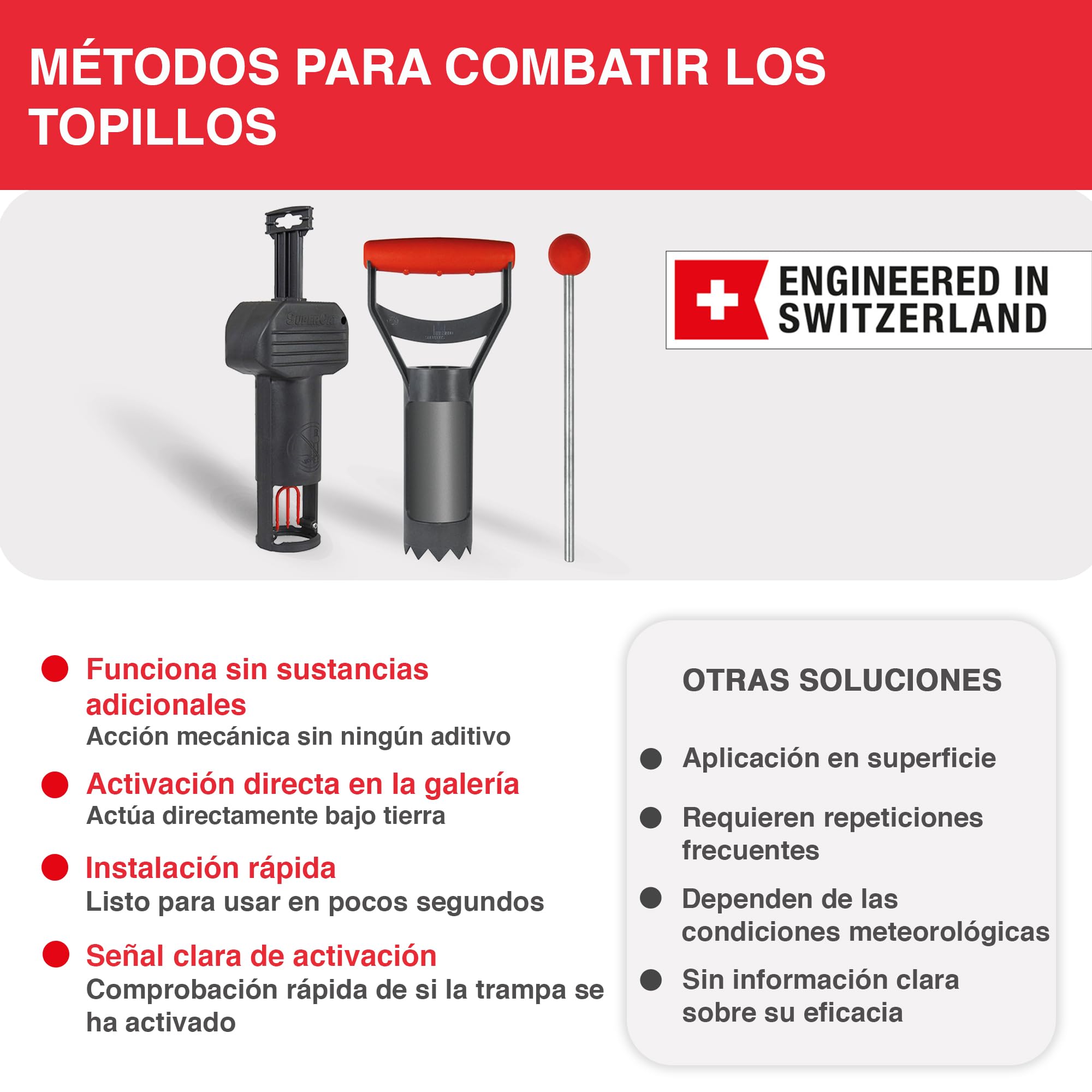 SWISSINNO Trampa para Topillos con Sonda SuperCat Incluida – Trampa Mecánica para Roedores Subterráneos, Control de Jardín, Reutilizable, Instalación en Túnel Vertical – 2 Trampa + 1 Sonda