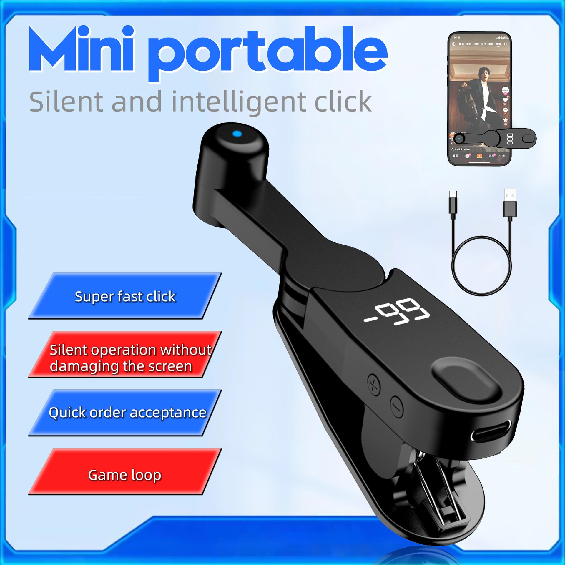 Clicker automatico per schermo 2025, dispositivo clicker automatico a velocità regolabile per attività sullo schermo dello smartphone, clicker automatico per giochi, premi, streaming live, accessorio