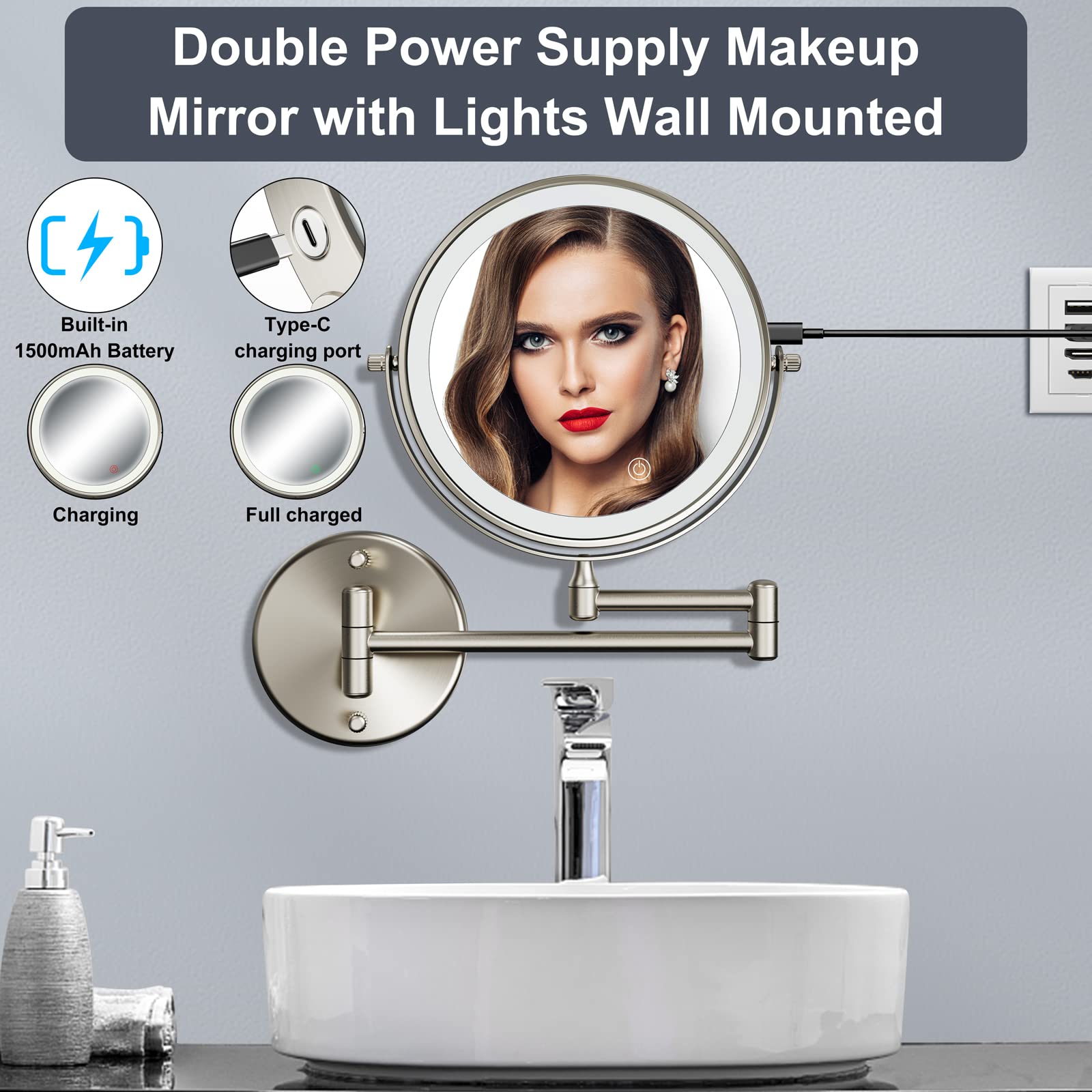 Snapklik.com : Rechargeable Wall Mounted Lighted Makeup Mirror, 8 Inch ...