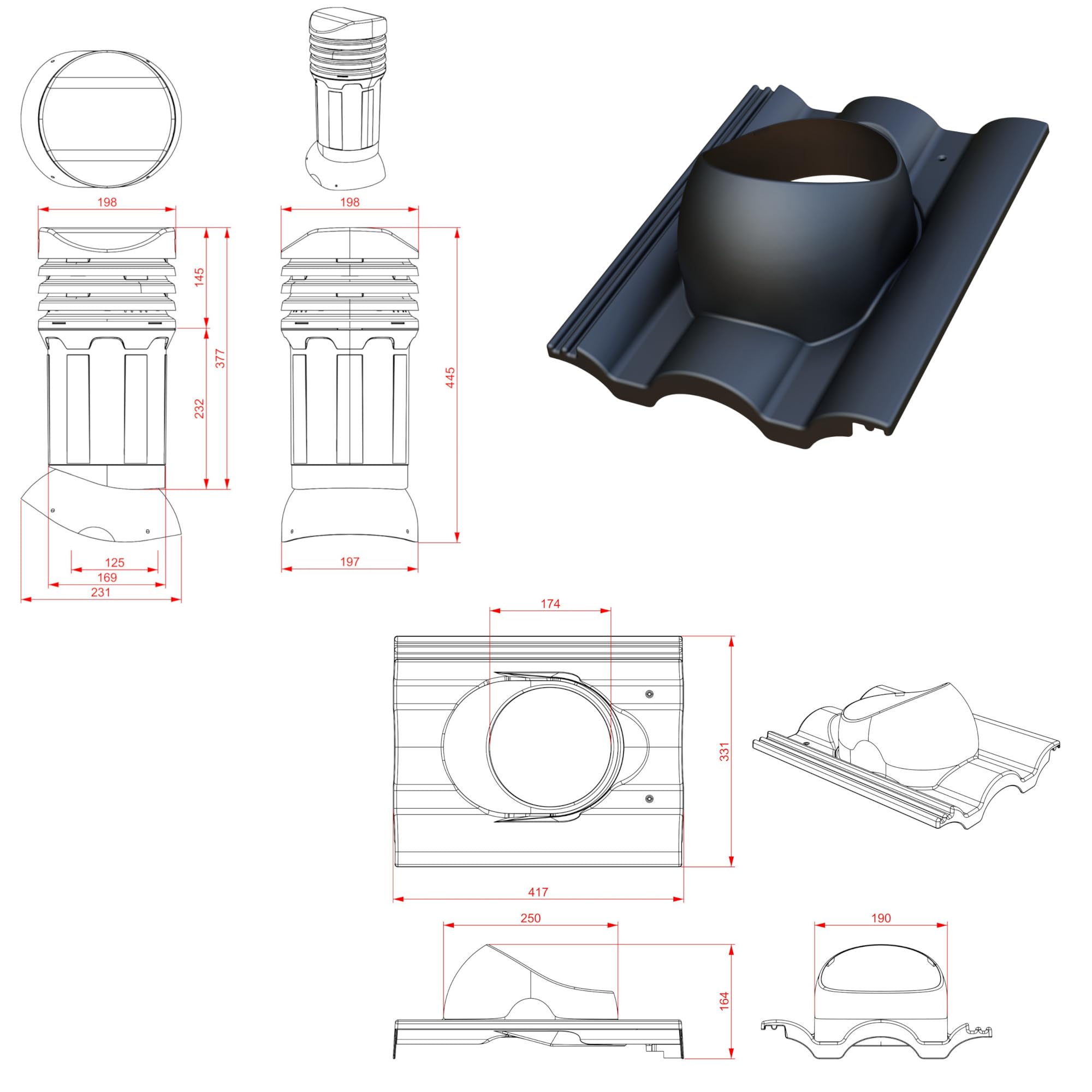 Parotec Chimenea de ventilación DN125 para BMI Cobert – Taunus tejas (RAL 9005 – Negro)