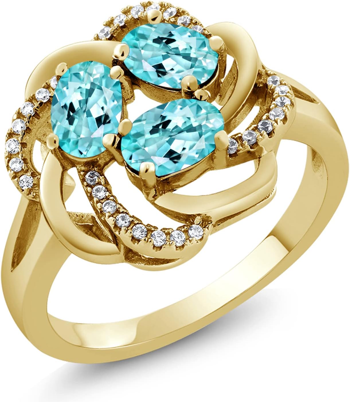 Gem Stone King 18K Yellow Gold Plated Silver Blue Apatite 3-Stone Flower Blossom Ring For Women | 1.94 Cttw | Oval 6X4MM | Gemstone Birthstone | Wedding Anniversary Engagement Promise Ring