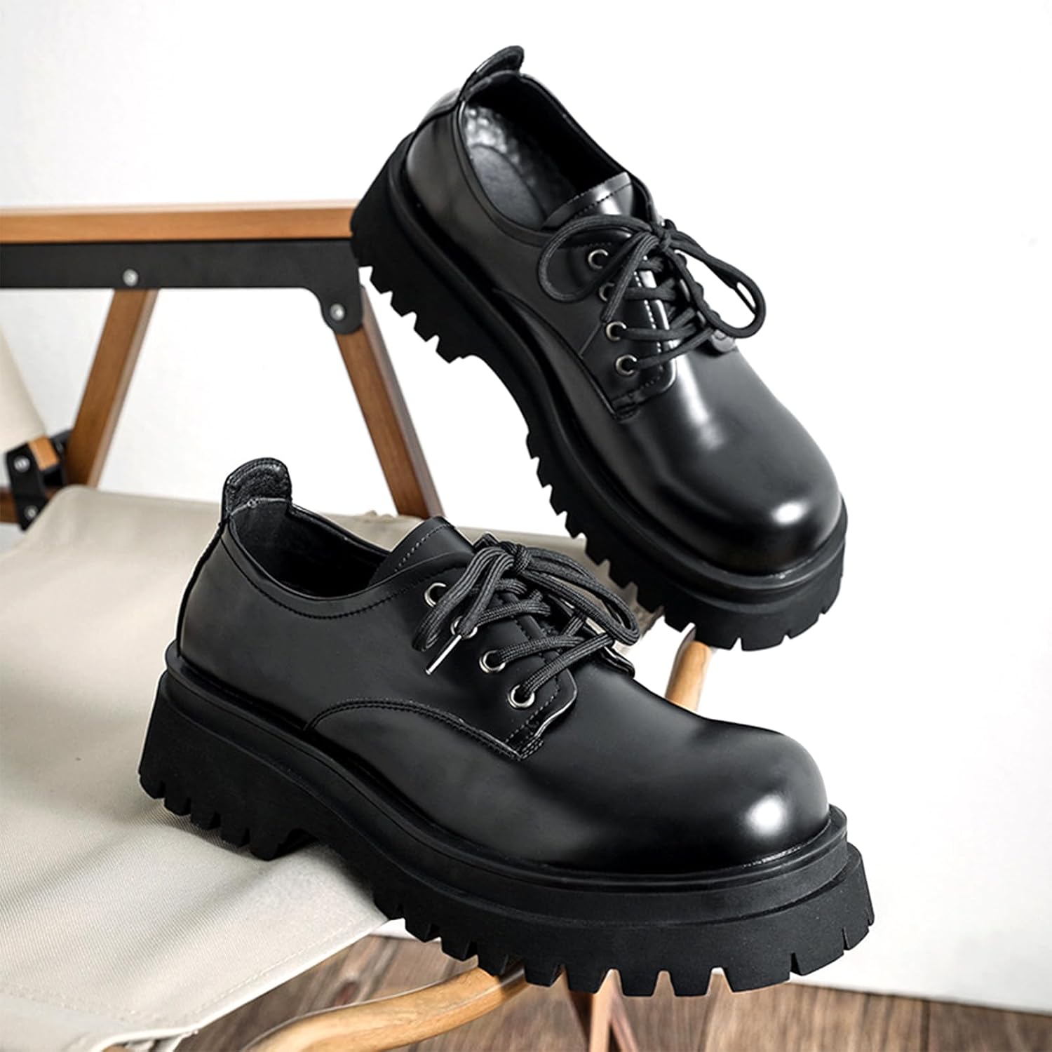 Men's Black Chunky Platform Oxfords Round Toe Soft Bottom Oxford Shoes Casual Business Dress Shoes - Image 2