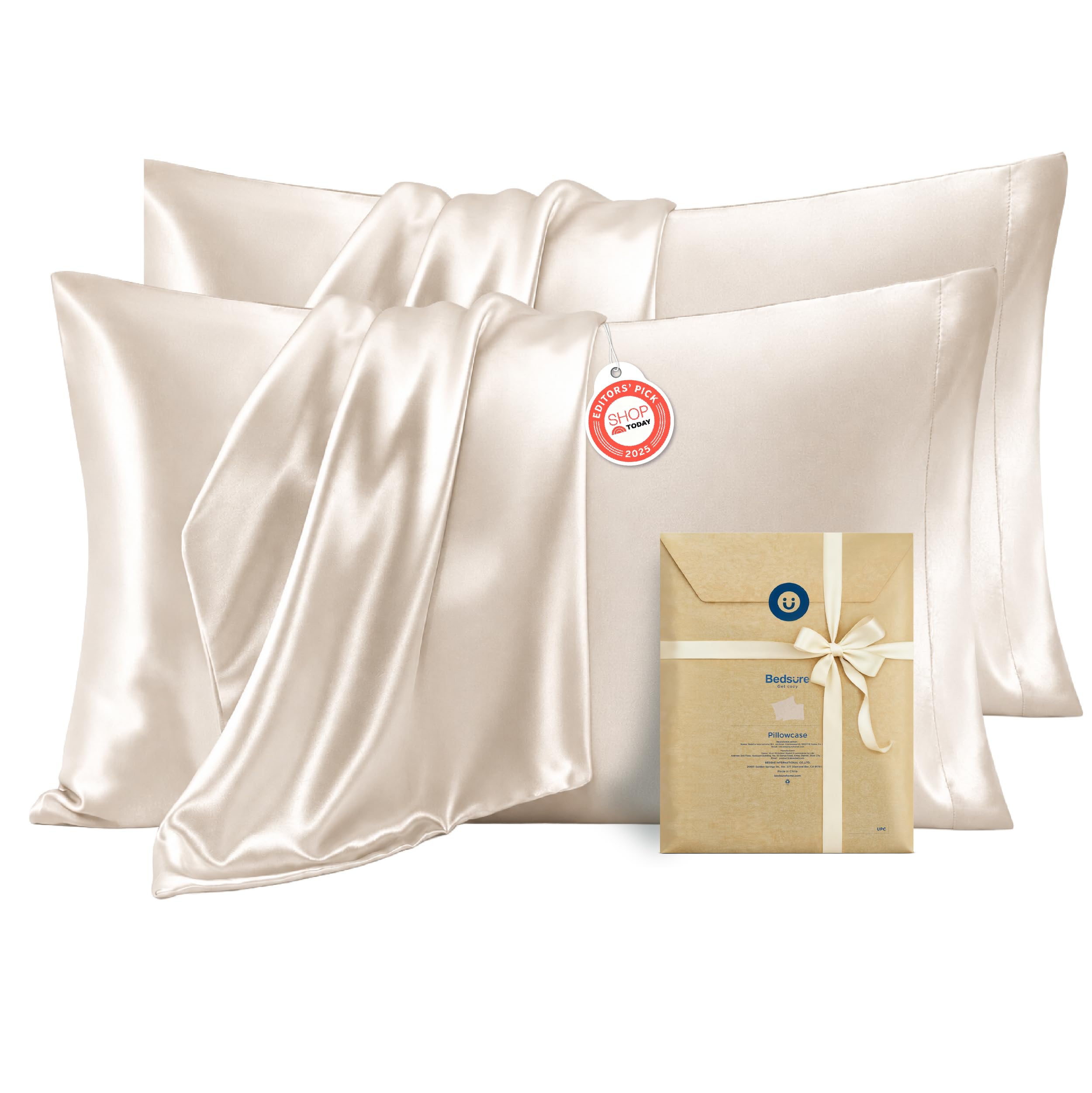 Bedsure Satin Pillowcases Standard Size Set of 4, Silky Pillow Cases, Beige