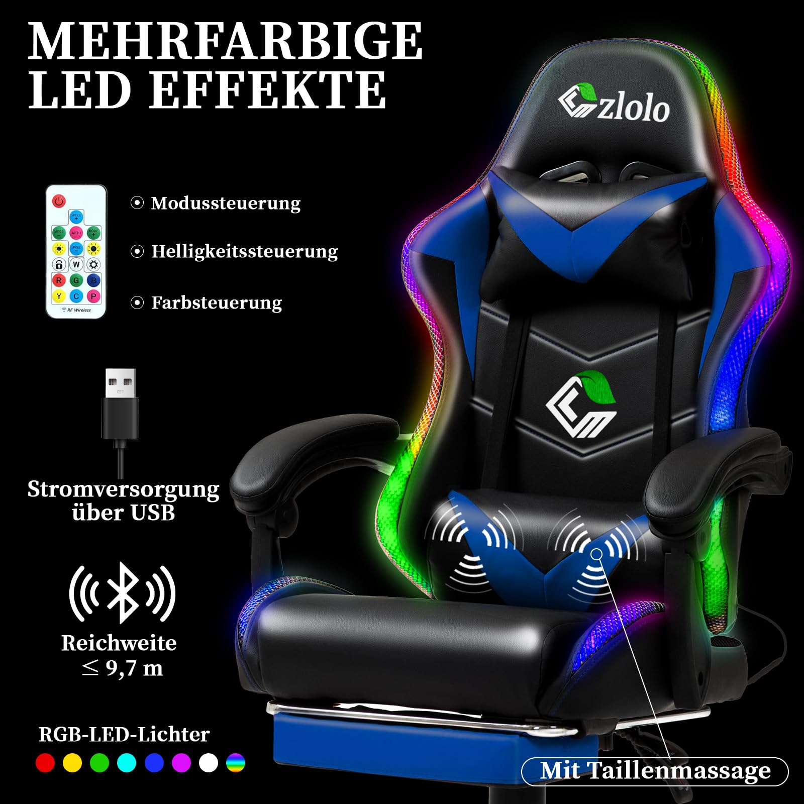 Czlolo Silla Gaming con Masajeador y LED, Silla de Estilo Racing Ergonómica Reclinable con Reposapiés y Cervical,Reposabrazos Acolchados, Ruedas 360°, para Adultos y niños,Azul