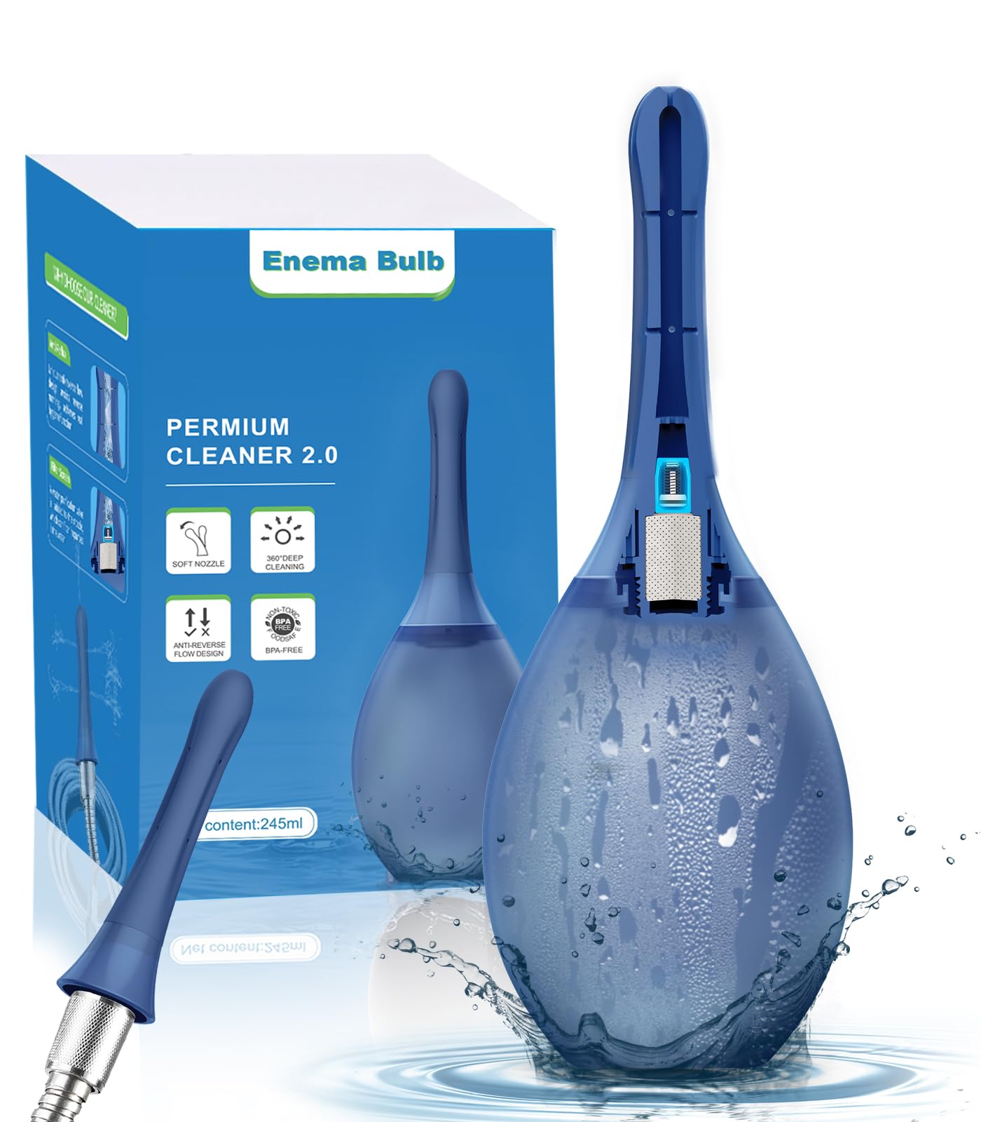 Enema Bulb Anal Douche Kit - Silicone Enema for Constipation Vaginal Cleaner douches for Men & Women,can be Connected to Shower Tube with Anti-Back Flow 245ML(Navy Blue)（1 Pack