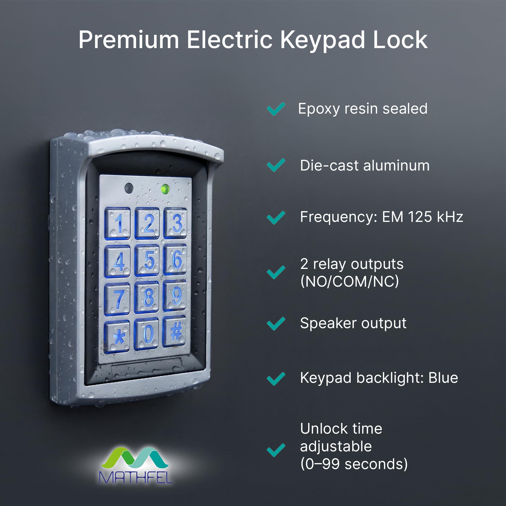 MATHFEL Smart Lock Elektroniczny zamek do drzwi wejściowych – odporny na warunki atmosferyczne zamek kodowy z RFID, IP66, 2 przekaźniki – otwieracz drzwi z kodem, inteligentny zamek